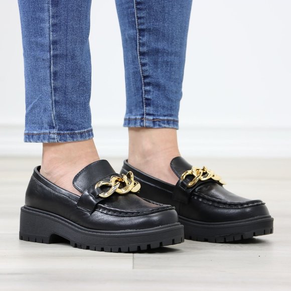 Chunky Lug Sole Slip On Penny Loafers Platform With Gold Chain - Picture 2 of 13